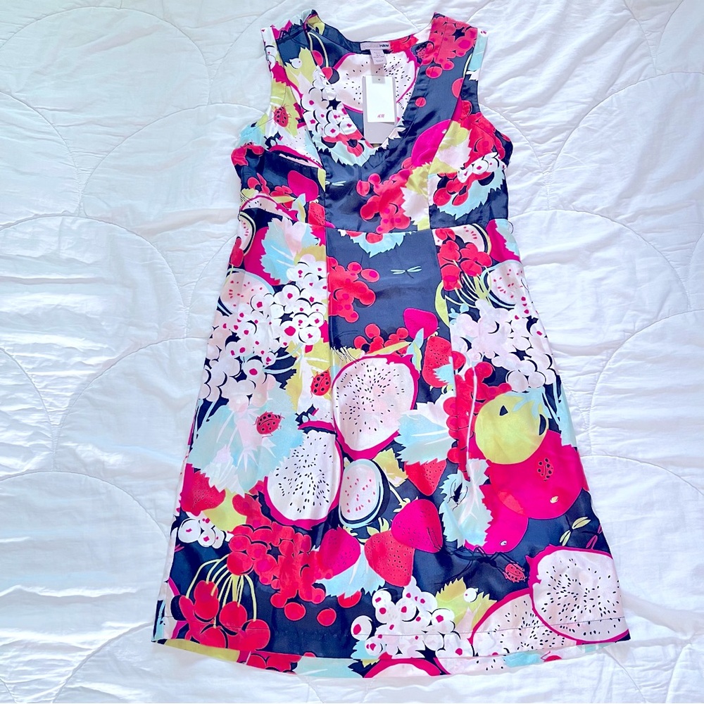 H&M - Pink and Blue Fruit & Flowers Silk Dress